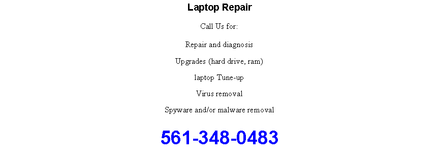 Text Box: Laptop RepairCall Us for:Repair and diagnosisUpgrades (hard drive, ram)laptop Tune-upVirus removalSpyware and/or malware removal561-348-0483